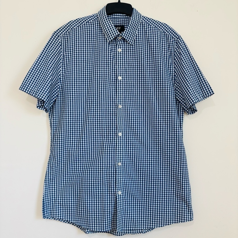 H&M Navy & White Gingham Checkered Button-Up Short Sleeve Shirt Large